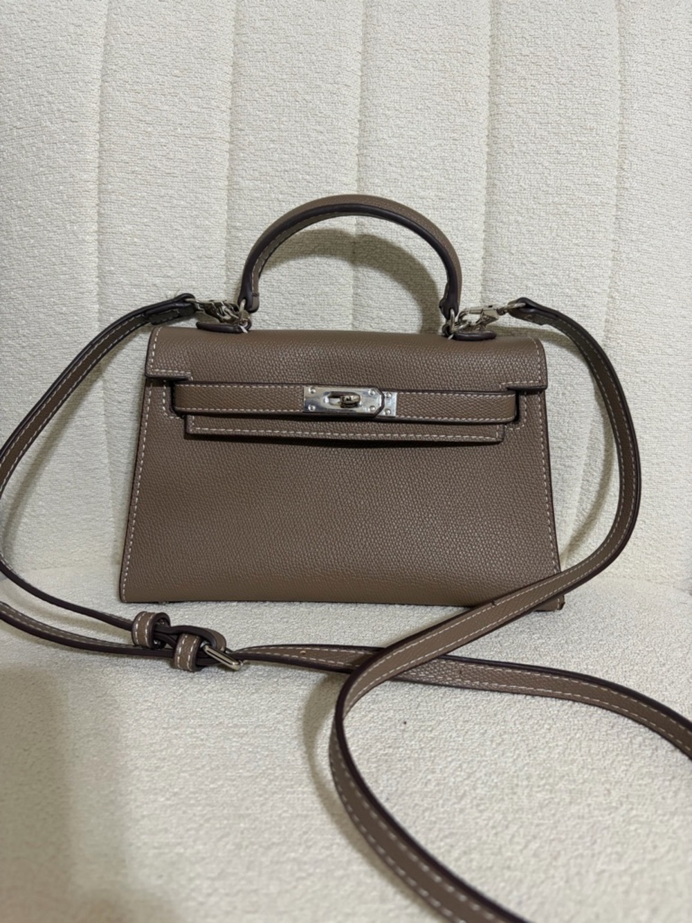 Taupe Pebble Leather Mini Top Handle Bag - Structured Kelly Style Crossbody
